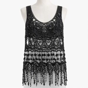 Vintage Whimsigoth Open Knit Crochet Fringe Tank Sz M Black Tassel Boho Festival